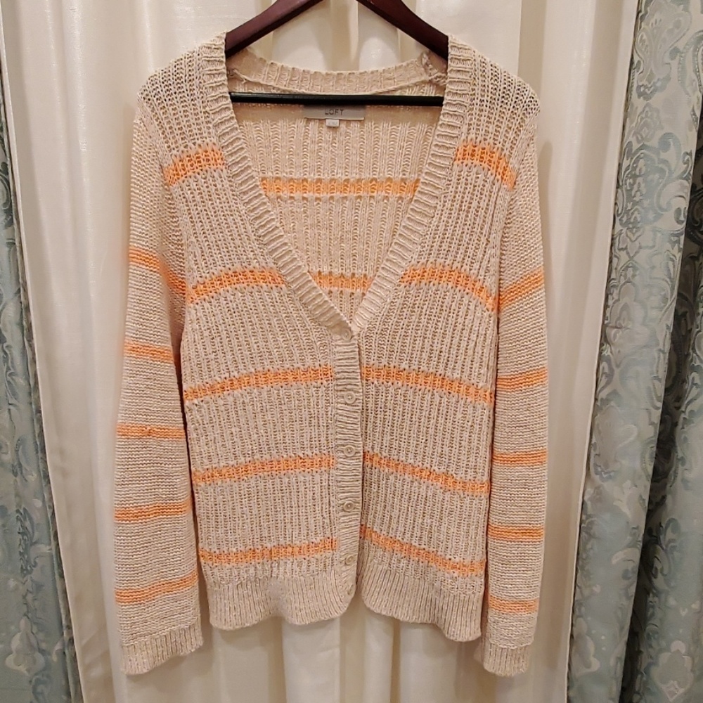 LOFT Oatmeal and Salmon Pink Crochet Cardigan